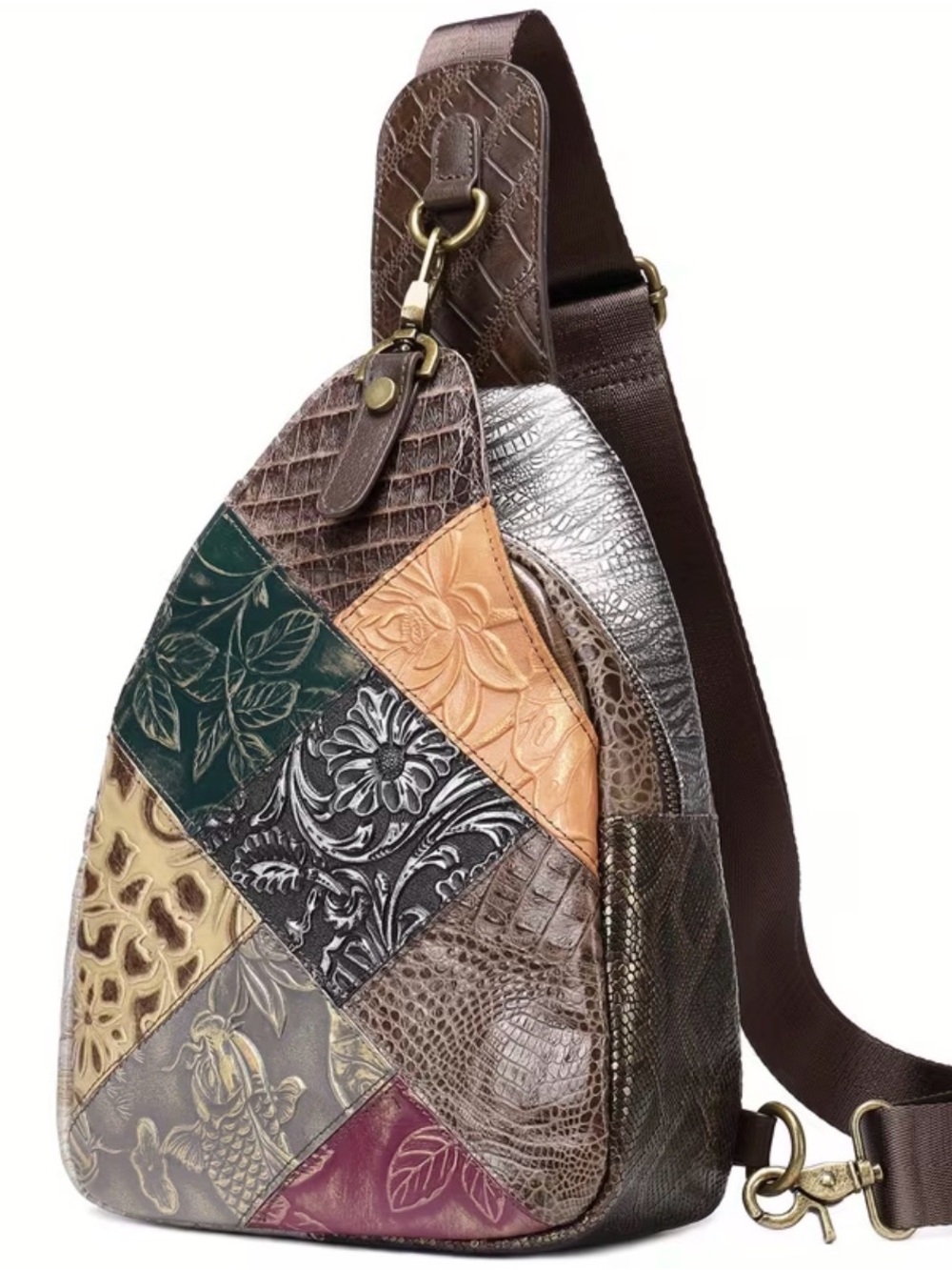 Patchwork Leather Sling Bag - Multi Brown